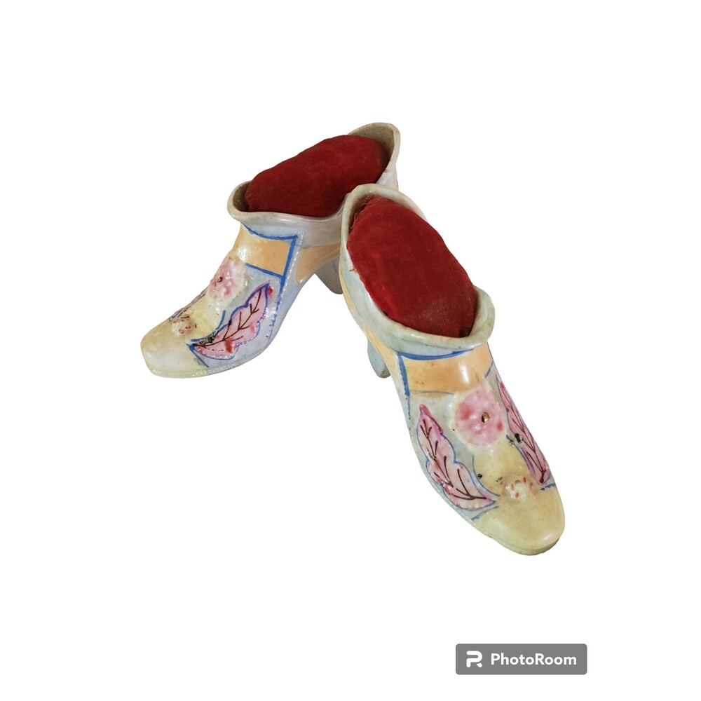 2 Vintage Antique High Heel Shoe Pin Cushion Hand Painted Pastels Flowers 1950s